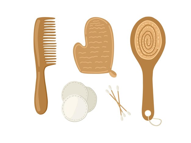 Vector herramientas ecológicas y equipo de belleza de madera ilustración vectorial con peine de madera y bastoncillos de algodón luffa