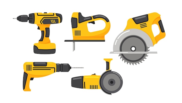 Herramientas eléctricas aisladas sobre fondo blanco Conjunto de iconos Instrumentos eléctricos profesionales Dibujos animados Vector Ilustración