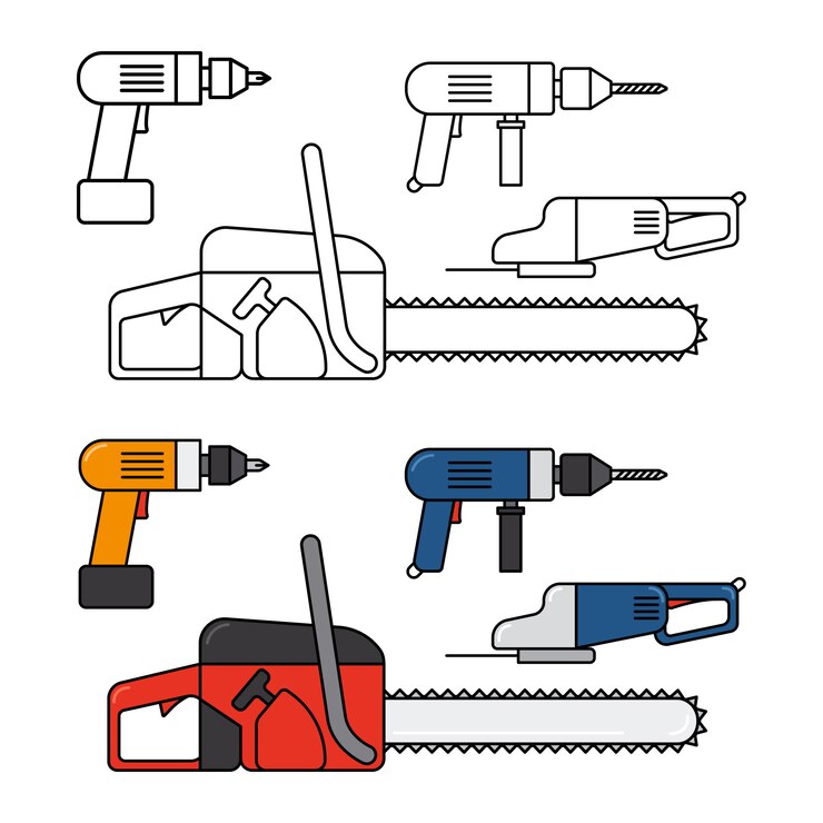 Vector herramientas eléctricas para reparaciones en el hogar: conjunto de iconos de línea de motosierra, taladro y sierra de calar