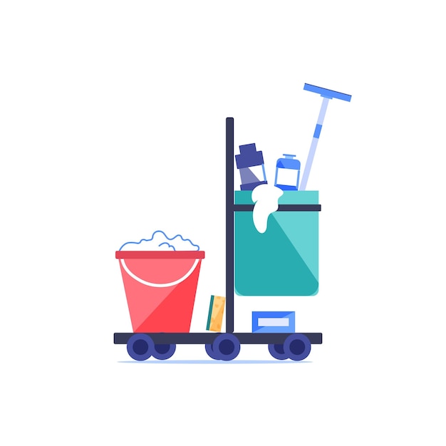 Herramientas de equipo de dibujos animados de vector para limpieza.Diferentes dispositivos y productos químicos para saneamiento y desinfección en el servicio de limpieza de fondo vacío y concepto de mantenimiento limpio, diseño de anuncios de banner de sitio web