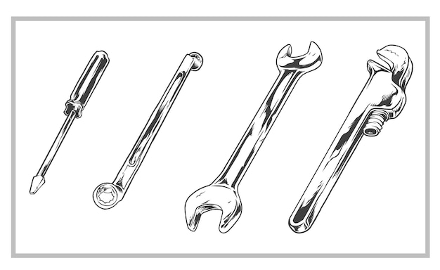 herramientas, equipo, vendimia, ilustración