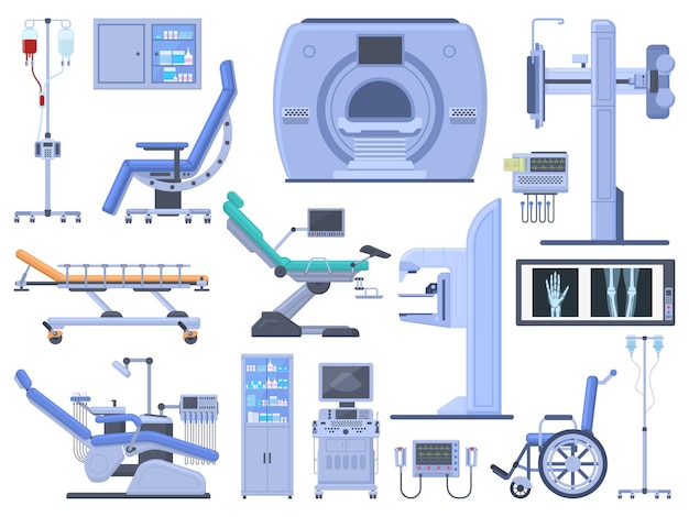 Vector herramientas de equipos de salud de diagnóstico médico hospitalario. silla de dentista, silla de ruedas, transfusión de sangre, electrocardiógrafo, ultrasonido, conjunto de símbolos vectoriales de máquina de rayos x. tecnología moderna para la medicina