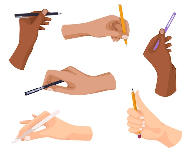 Herramientas de escritura en la mano pluma lápiz lápiz bolígrafo pluma de fieltro en los brazos mano sostener pluma en diferentes gestos