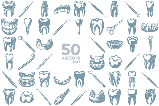 herramientas estomatológicas para el tratamiento y la prótesis de dientes una colección de simples ilusiones vectoriales