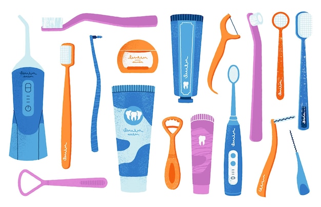 herramientas de higiene dental accesorios de limpieza bucal de dibujos animados productos para el cuidado de los dientes cepillo de dientes pasta de dientes hilo para enjuague bucal iconos conjunto plano vectorial