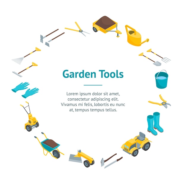Herramientas de jardín 3d Banner Card Circle Isometric View Incluye una ilustración vectorial de la pala y el rastrillo de la herramienta para el trabajo de jardinería