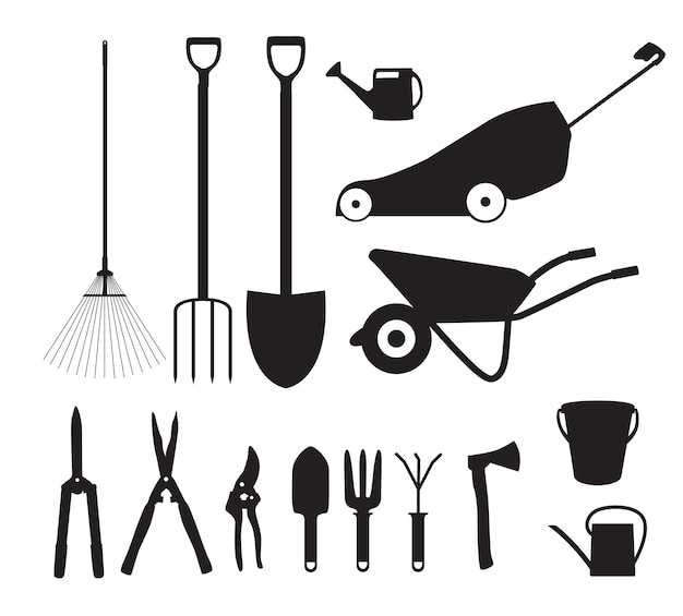 Herramientas de jardín Instrumentos Colección de íconos planos Conjunto de palas cubo rastrillo secadoras tijeras