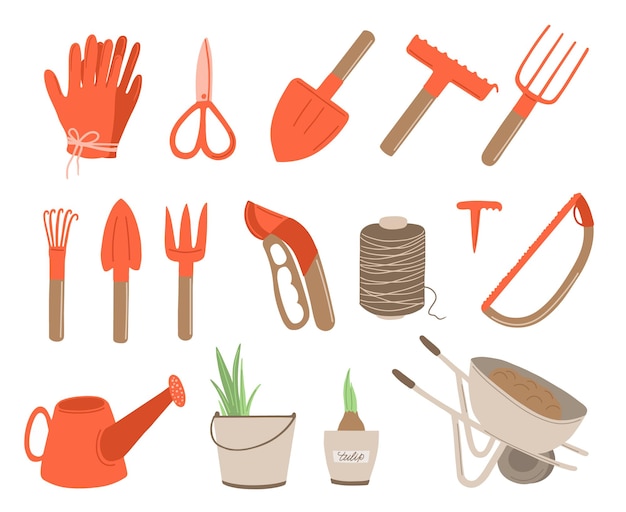 Herramientas de jardinería dispuestas al estilo dibujado a mano