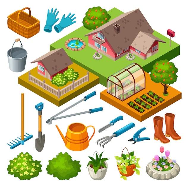 Vector herramientas de jardinería y flores.