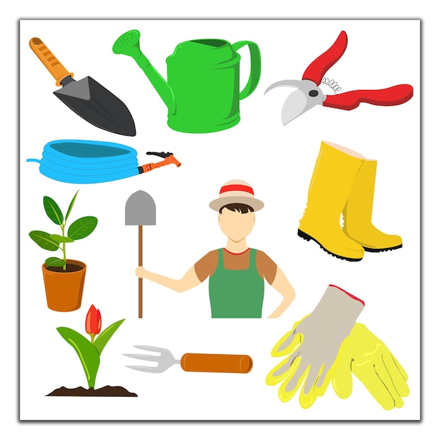 Herramientas de jardinería y jardinero con equipo esencial