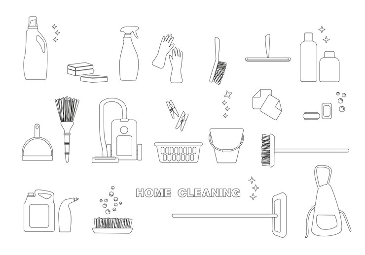 Vector herramientas para la limpieza concepto de iconos de conjunto sin personas diseño de escenas en línea instrumentos para la limpia