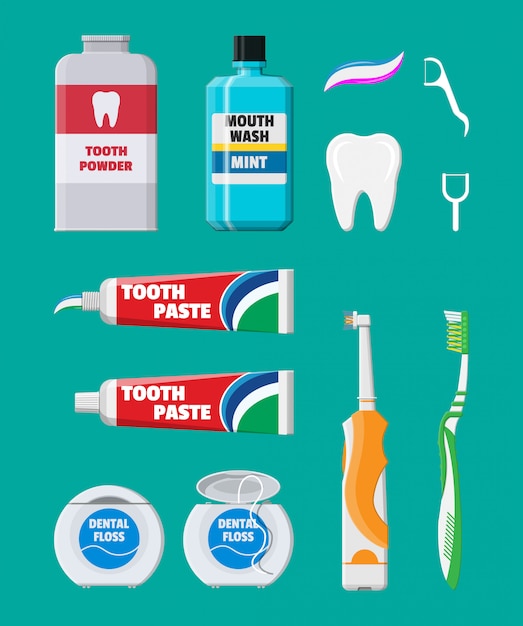 Vector herramientas de limpieza dental. productos de higiene bucal