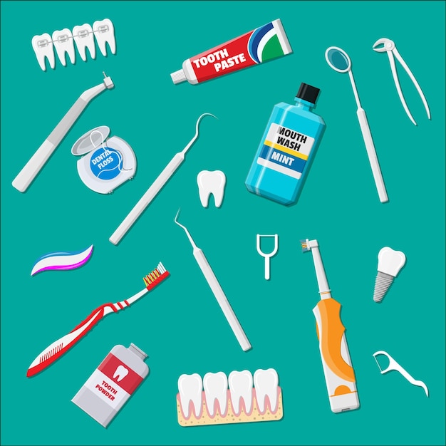 Vector herramientas de limpieza dental. productos de higiene bucal