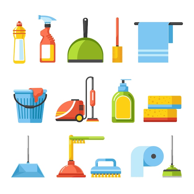 Herramientas de limpieza de equipos domésticos y de limpieza iconos aislados