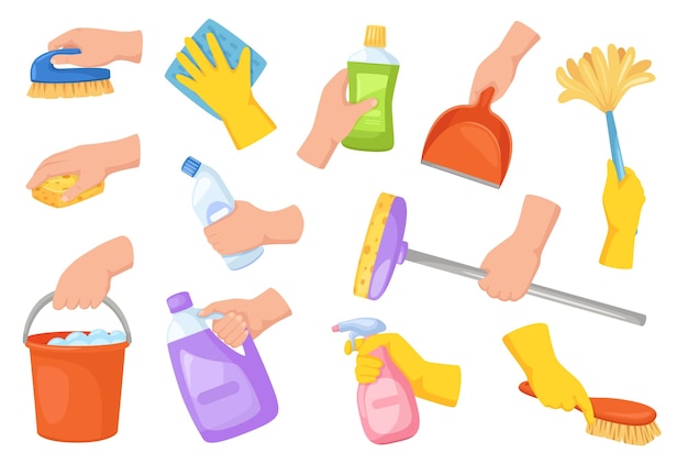 Vector herramientas de limpieza en las manos mano sujetando equipo de limpieza escoba plumero detergente set de cuchara