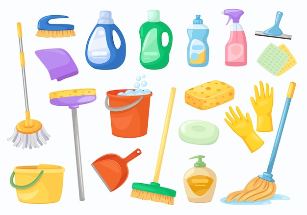 Vector herramientas de limpieza, servilleta, cubo, escoba, guantes, fregona, detergente o desinfectante, botellas, vector, conjunto