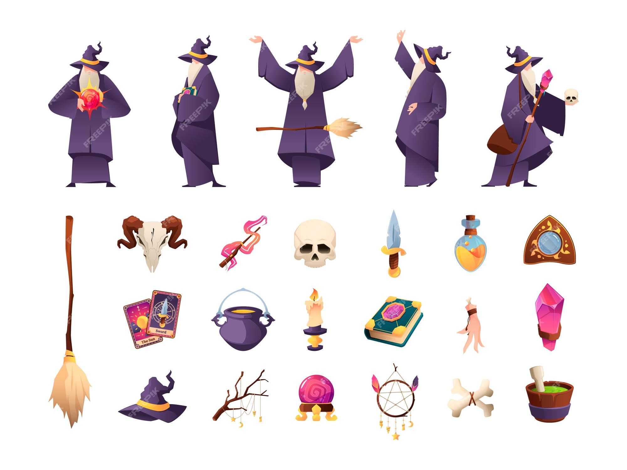 Herramientas de mago varios personajes de magos antiguos estilo de dibujos animados misterio hechicera brujería con magia oculta elementos de fantasía mística conjunto de vectores | Vector Premium Herramientas de mago varios personajes de magos antiguos estilo de dibujos animados misterio hechicera brujería con magia oculta elementos de fantasía mística conjunto de vectores | Vector Premium