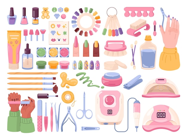 Herramientas de manicura de dibujos animados higiene de manos femeninas manicura equipo profesional cuidado de uñas esmalte pedicura elegante cosméticos de uñas salón tijeras pincel ilustración vectorial elegante