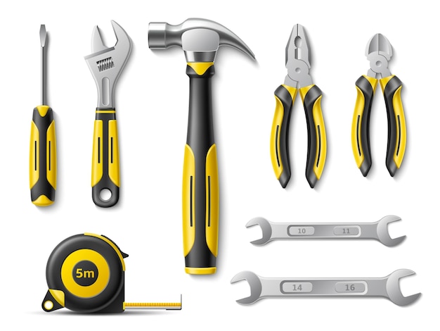 Herramientas de mano realistas Diferentes instrumentos de trabajo Vista superior Llave torniquete y pinzas cinta de construcción medida 3d objetos martillo con mangos de goma piezas metálicas conjunto vectorial utter