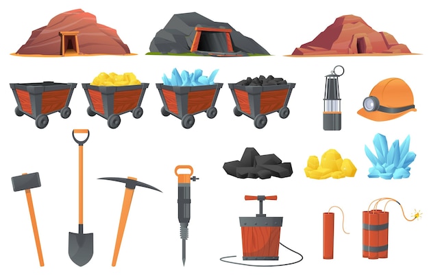Herramientas de minería de dibujos animados y carros de madera Recursos naturales Explosivos con detonador Oro y carbón en carros Entrada del túnel Mineral subterráneo Conjunto vectorial de diferentes mineros