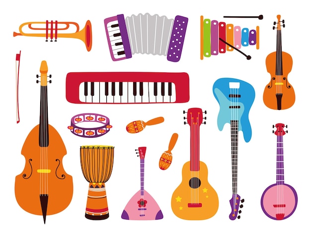 Herramientas musicales Guitarra electrónica niño instrumentos musicales Compositor objetos dibujos animados niños planos flauta tambor violín Orquesta pegatinas elegante vector conjunto