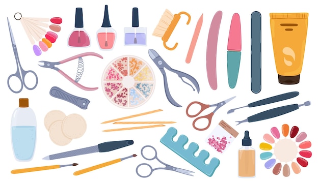 Herramientas o accesorios de manicura y pedicura, suministros para salones de uñas. Crema de manos, muestras de esmalte, limas, tijeras, conjunto de vectores de elementos para el cuidado de las uñas. Equipos para el cuidado y tratamiento de manos y pies