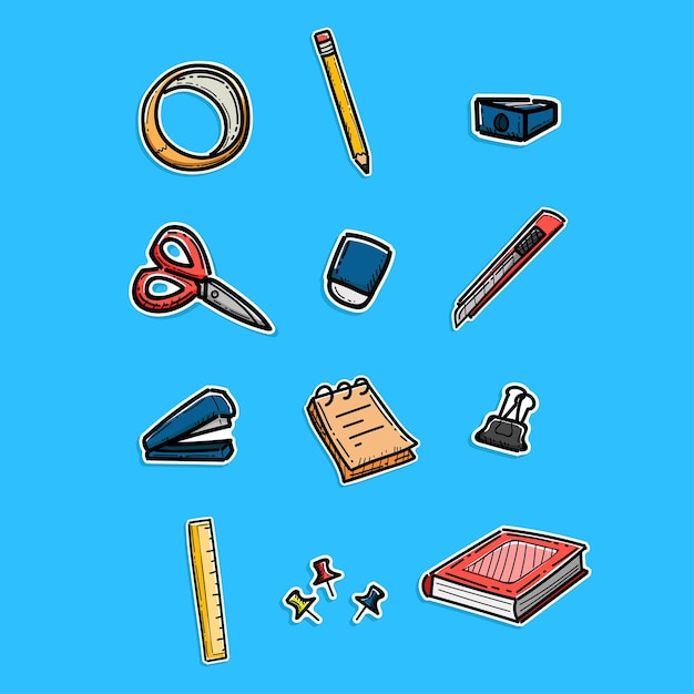 Herramientas de oficina ilustración diseño vectorial paquete estilo pegatina aislado en un fondo azul papelería