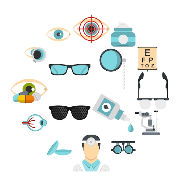 Vector las herramientas de oftalmología establecen iconos planos