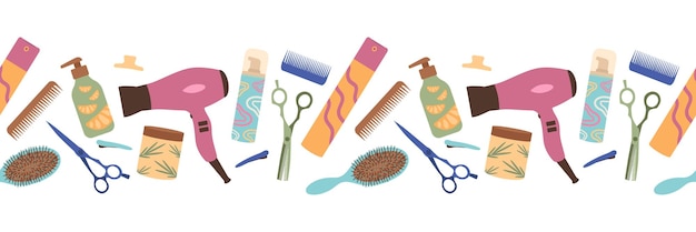Herramientas de peluquería borde sin costuras cuidado del cabello y peinado Ilustración vectorial aislada para su diseño