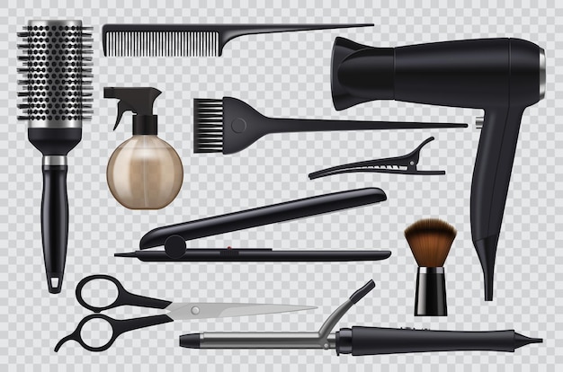 Herramientas de peluquería realistas, artículos de barbería.