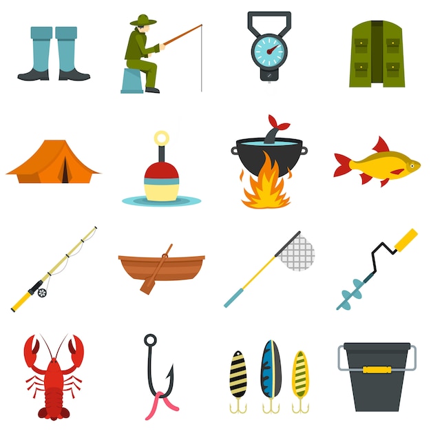 Herramientas de pesca establecer iconos planos