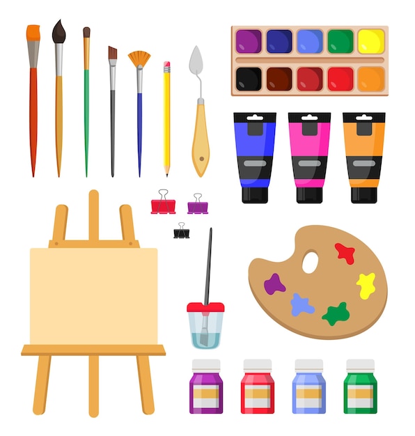 Herramientas de pintura para artistas conjunto de ilustración de dibujos animados. pinceles, caballete, lienzo, bolígrafo, lápiz, paleta, suministros de pintores para dibujar, colores acrílicos sobre fondo blanco. arte, concepto de papelería