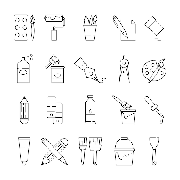 Herramientas de pintura Iconos de arte Pincel de pintura y botella de tinta Símbolos de pintor de línea Pincel o pluma Pigmento y decorador de paredes Roller Cubo para casa DIY Conjunto de pictogramas de ilustración vectorial