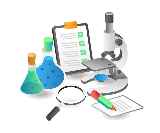 Herramientas de práctica de escuela de laboratorio de concepto de ilustración isométrica plana