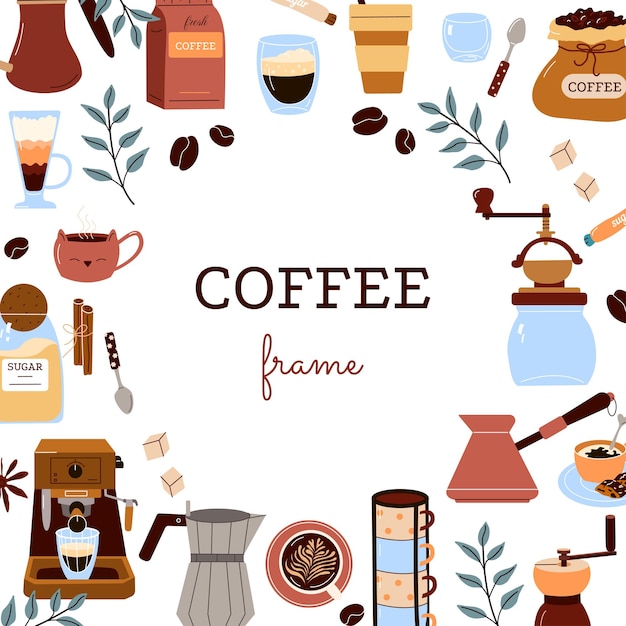 Herramientas para preparar café, tazas, molinillos sobre fondo blanco. Plantilla vectorial para póster, volante, pancarta