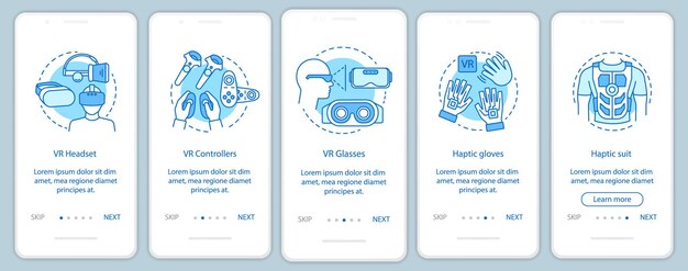 Herramientas de realidad virtual que incorporan la pantalla de la página de la aplicación móvil con concepto lineal. Conjunto de máscara VR, controlador, guantes de datos, instrucciones gráficas de pasos de tutorial de traje. UX, UI, plantilla de vector de GUI con iconos