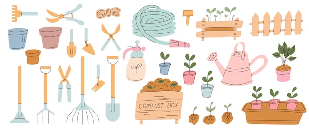 Herramientas y suministros de jardinería dispuestos sobre un fondo claro que muestra varios utensilios y plantas