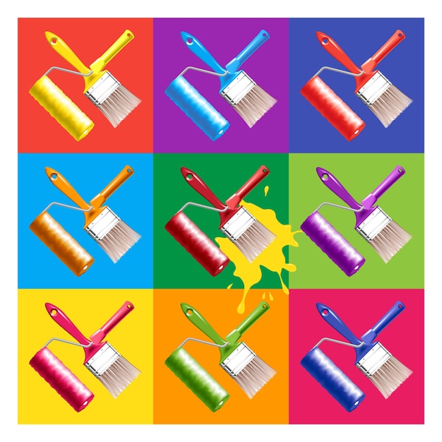 Herramientas de trabajo: brocha para pintar y brocha giratoria. Conjunto de colores estilo Popart