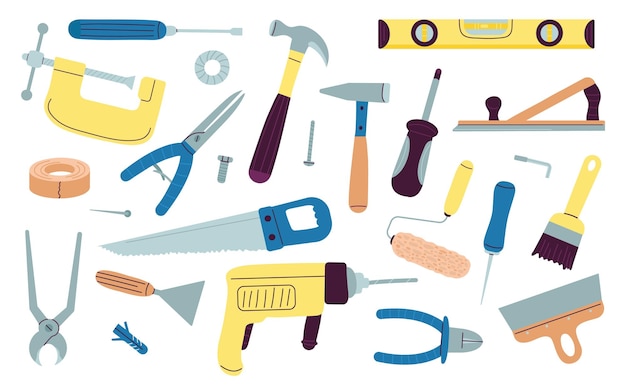 Herramientas de trabajo Juego de herramientas de reparador con taladro martillo tornillos llave Carpintero construcción de garabatos y construcción de equipos planos instrumentos domésticos iconos vectoriales decentes
