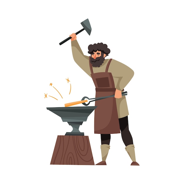 El herrero barbudo en delantal forjando la hoja en la ilustración vectorial del yunque