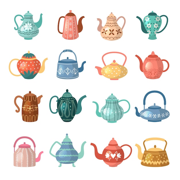 Hervidor para bebidas calientes. Ollas de cerámica de cocina decorativas planas coloreadas ilustraciones vectoriales recientes conjunto aislado. Hervidor de agua de color para cocina, maceta de cerámica.