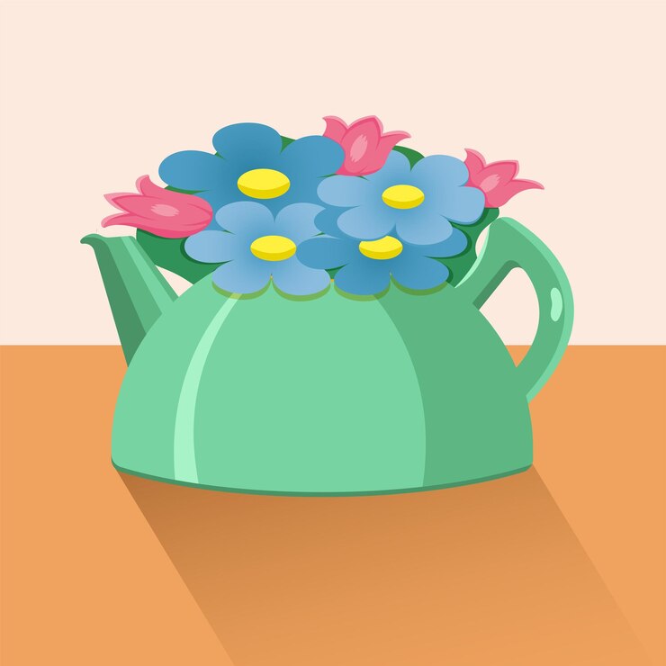 Vector hervidor de hierro verde con flores.