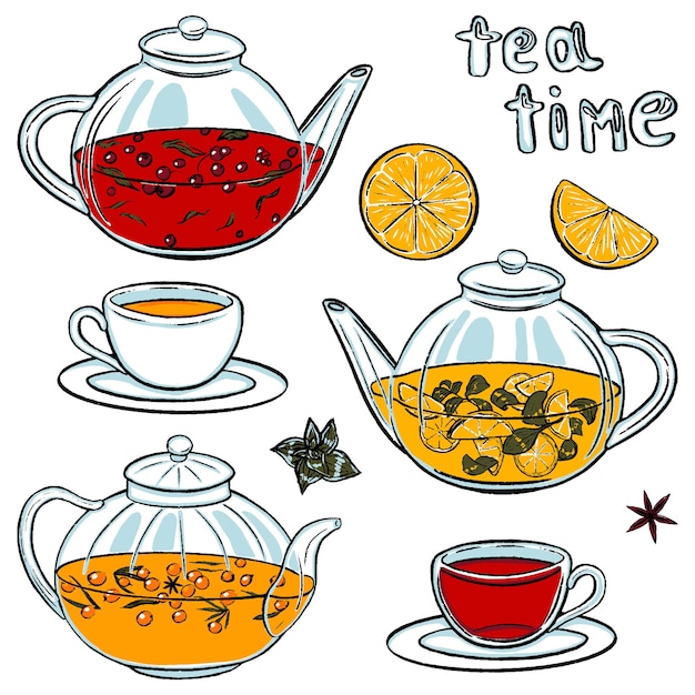 Hervidores y tazas con diferentes tipos de té. La hora del té. Juego de bebidas calientes. Colección coloreada aislada en blanco. Ilustración de vector dibujado a mano en estilo boceto. Clip arts para diseño.