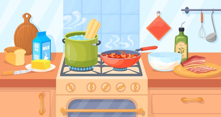 Vector hervir la comida en la olla hervir la harina en la sartén de cubierta en la estufa de gas cocina interior cocinar sopa espagueti guisado y salsa para la cena de cocina casera dibujos animados ilustración vectorial ordenada