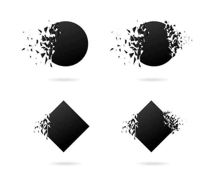 Vector hexaedro negro, rombo, círculo con efecto de explosión sobre fondo blanco con escombros