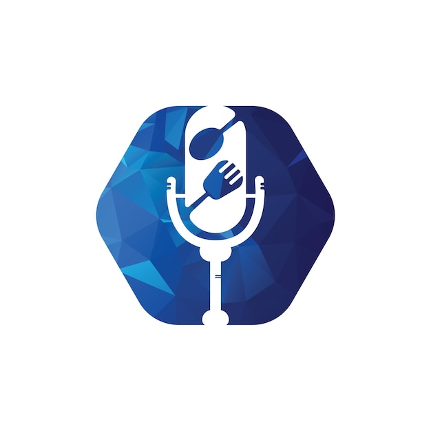 Un hexágono azul con un micrófono y un logotipo de podcast de comida de tenedor