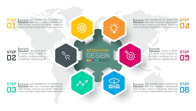 El hexágono del negocio etiqueta la barra infographic de los círculos de la forma.