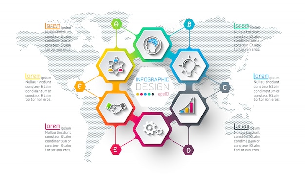 Hexágono de negocios etiquetas infografía de forma en círculo.