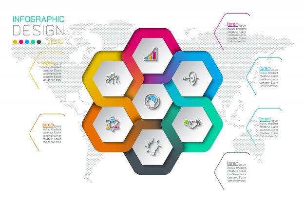 Hexágono de negocios etiquetas infografía de forma en círculo.