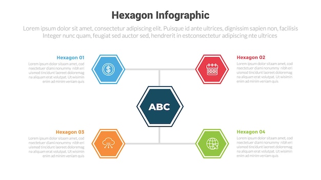 hexágono o panales hexagonales forma diagrama de plantilla de infografías con vinculado con hexagono de línea con 4 puntos paso diseño creativo para presentación de diapositivas vectorial